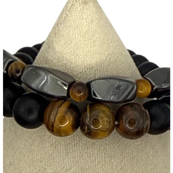 Hematite, Shunghite, and Tiger Eye Natural Stone Beaded Bracelet Duo - Picture 2 of 7